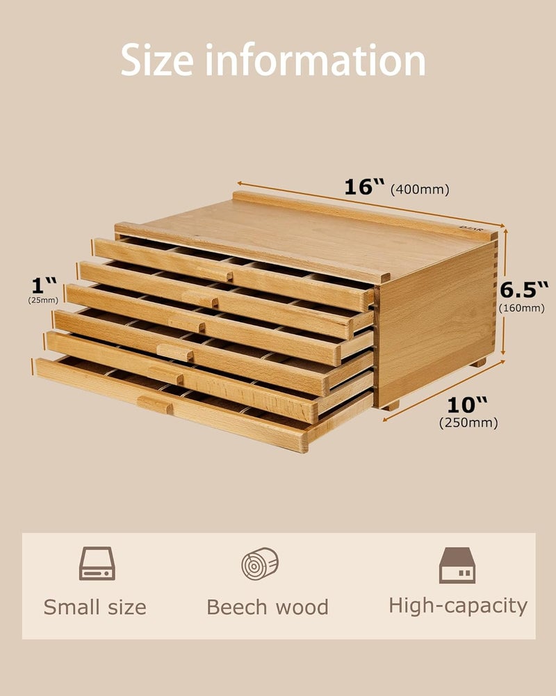 Dajar 6-Drawer Art Supply Storage Box, Portable Beech Wood Organizer with Removable Dividers for Brushes, Pastels, Markers, and Other Art Tools, Natural - Image 3